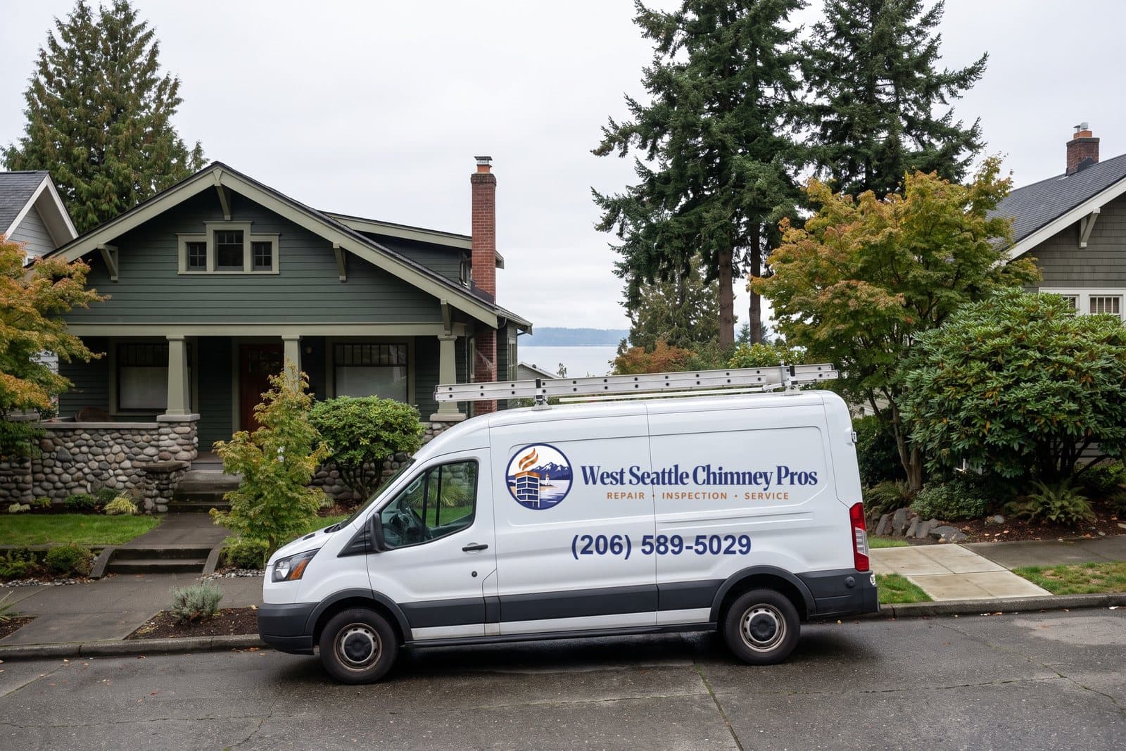The West Seattle Chimney Pros service van parked in front of a West Seattle bungalow