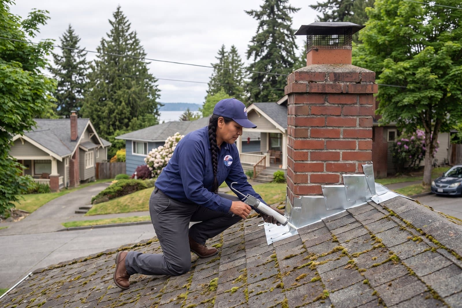 Chimney flashing repair at the roofline
