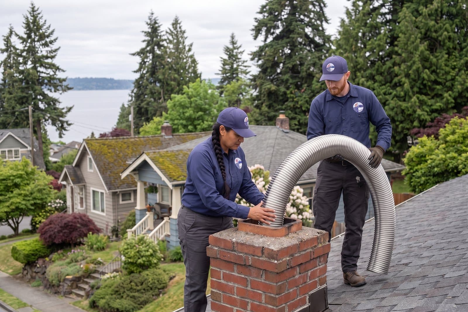Stainless steel chimney liner being installed