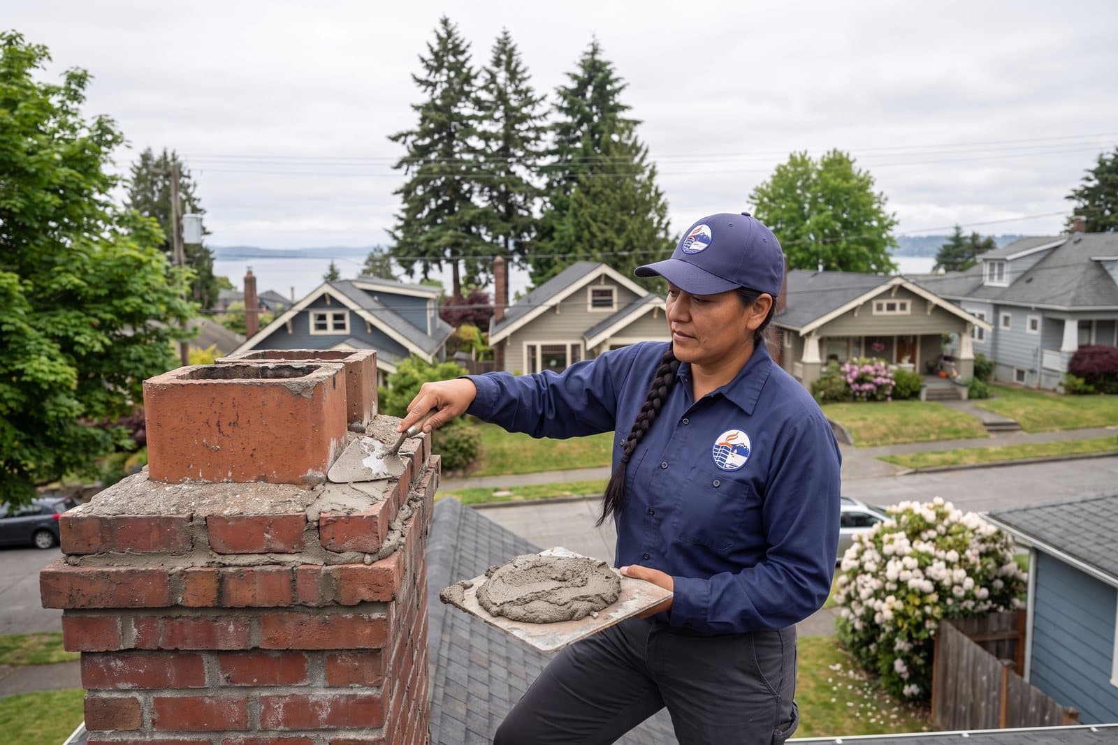 Masonry repair on a brick chimney
