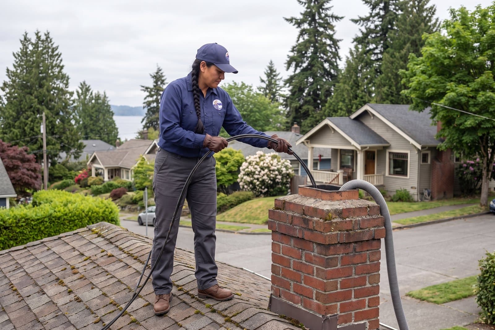 Chimney sweep cleaning a rooftop flue
