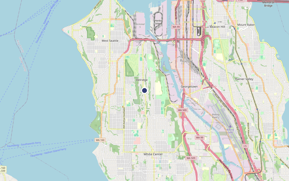 Map of our chimney service area in Delridge, King County, WA