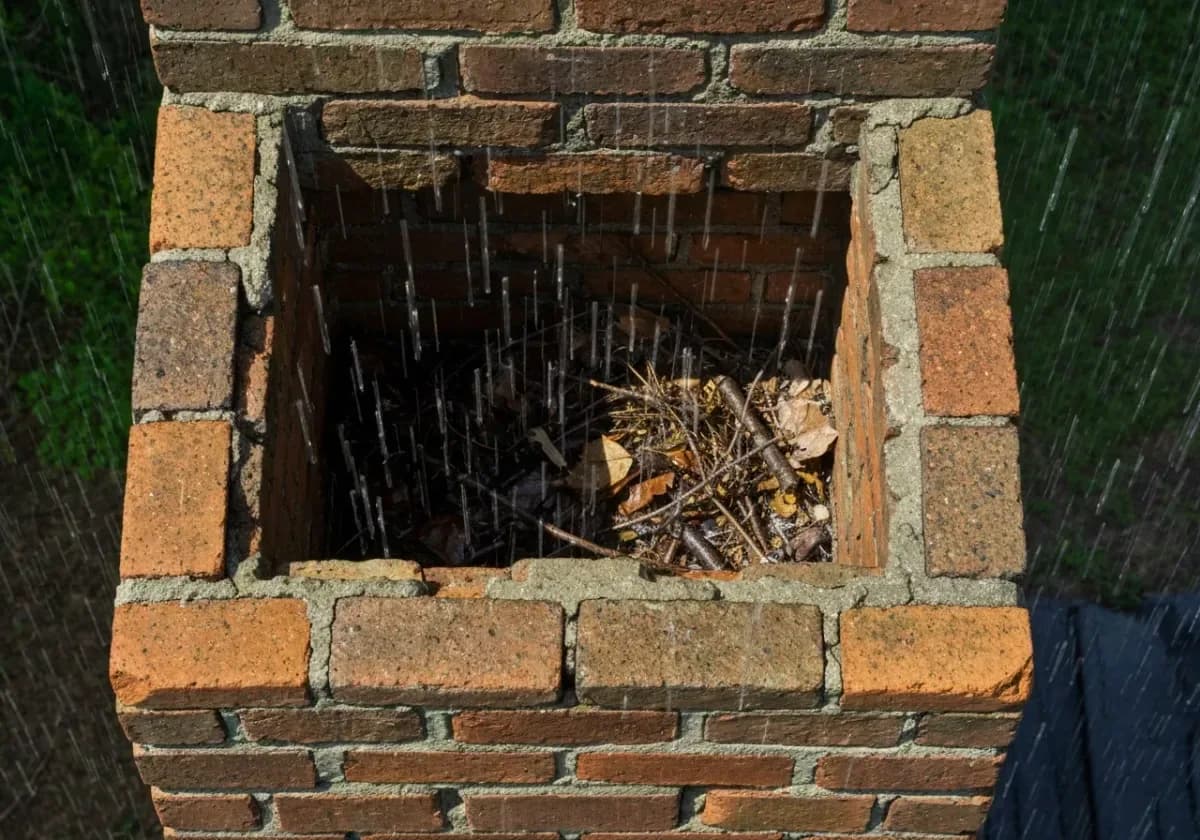 Before — chimney cap installation: A bare, wide-open flue topped with a stainless cap against rain, salt air and nesting animals.