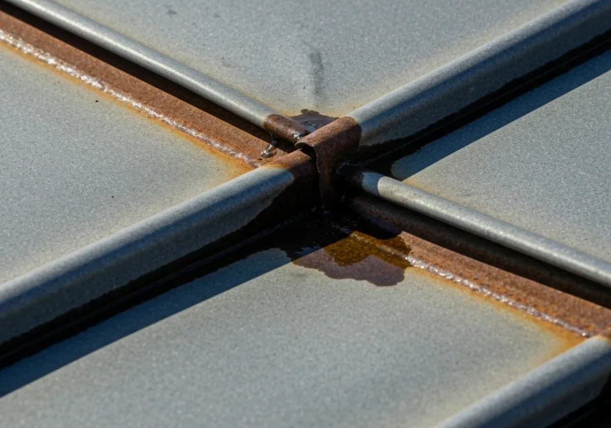 Before — chimney flashing repair: Corroded, weeping flashing stripped and resealed at the roof-to-chimney joint.