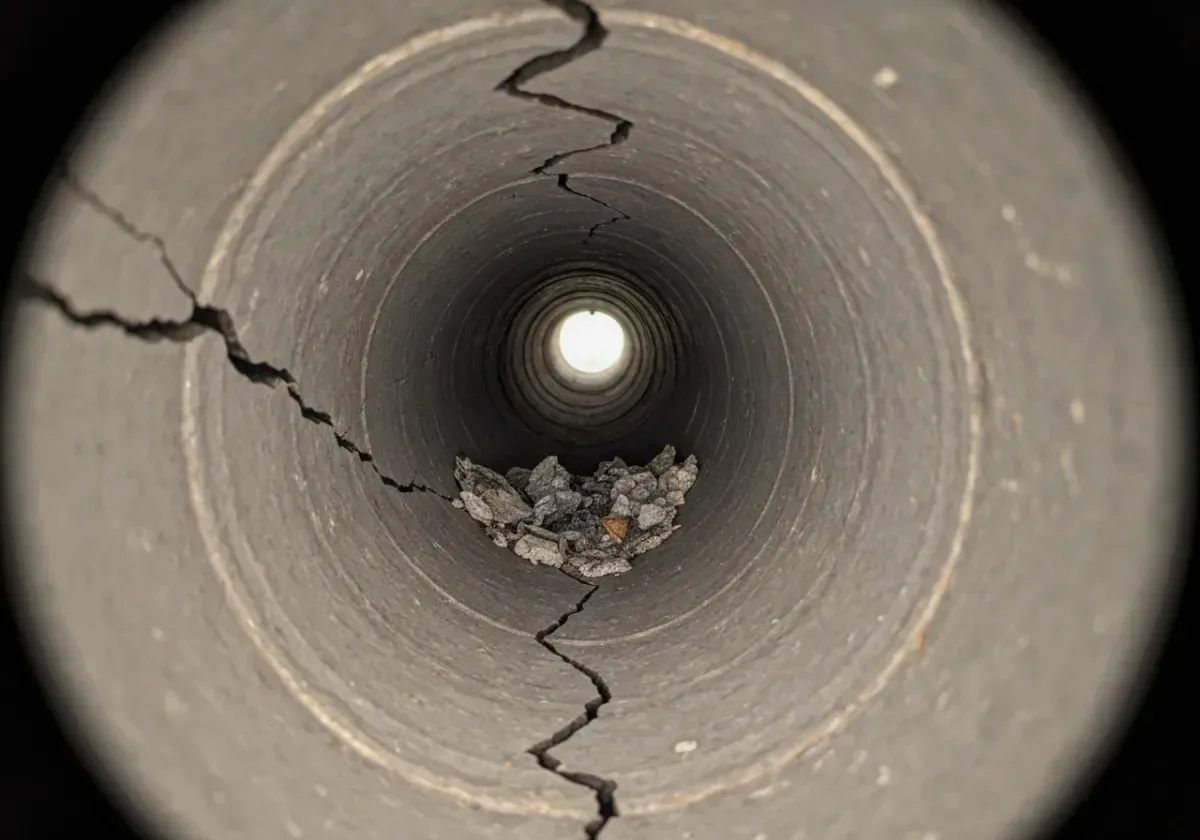 Before — chimney inspection: The flue camera turns up damage no look from the hearth would ever catch.