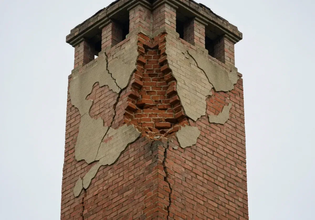 Before — chimney repair: Flaking brick and washed-out mortar rebuilt into a stack that sheds weather again.