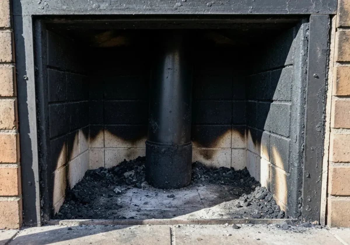 Before — chimney sweep: A season of soot and creosote brushed out, leaving the flue walls bare and clean.