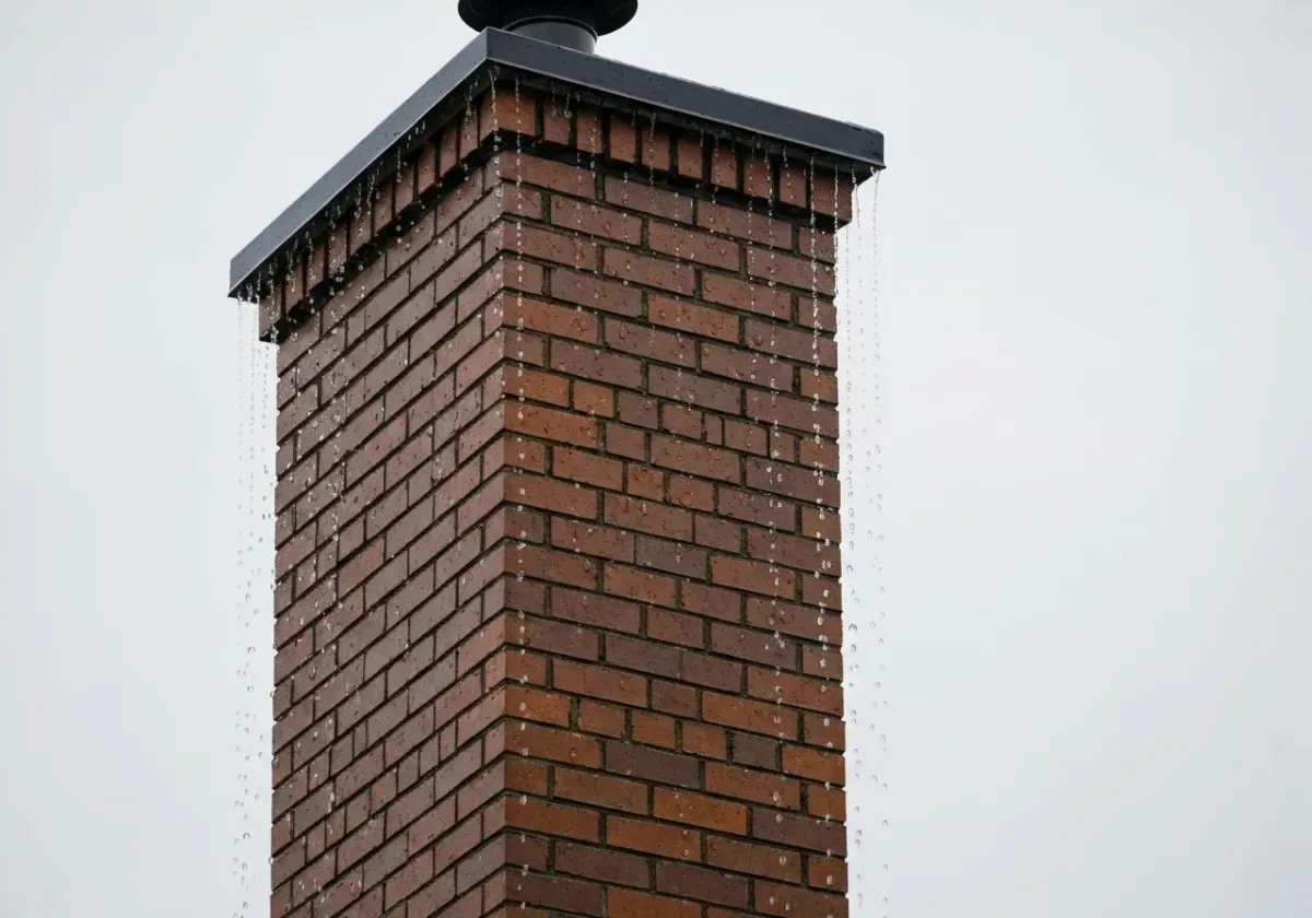 After — chimney waterproofing: Thirsty, water-stained brick treated with a breathable repellent that lets it dry out.