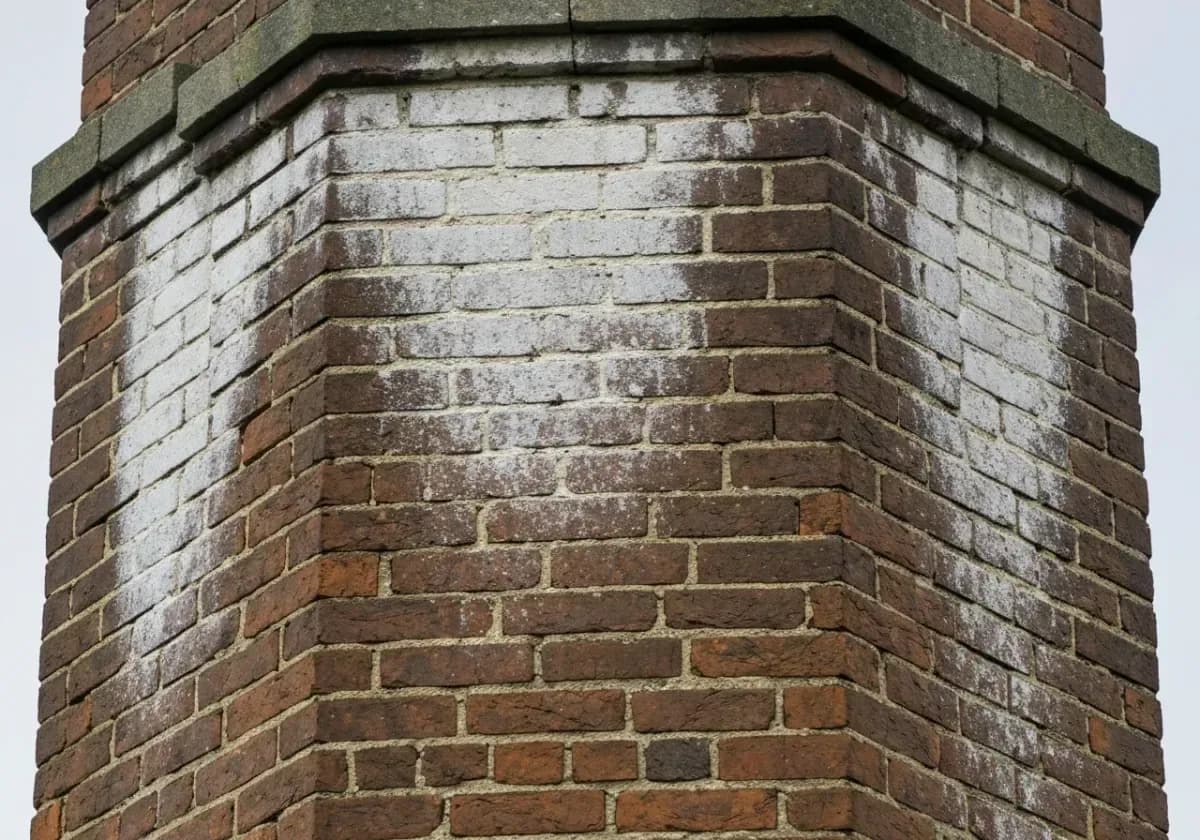 Before — chimney waterproofing: Thirsty, water-stained brick treated with a breathable repellent that lets it dry out.