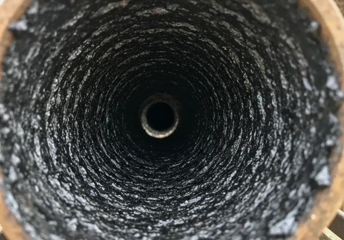 Before — creosote removal: Glazed Stage 3 creosote ground off the flue walls — the fuel for a chimney fire, gone.