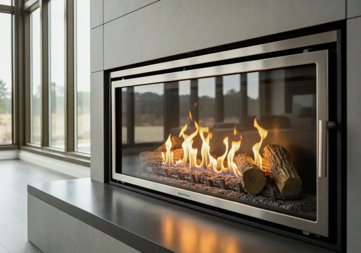 After — gas fireplace service: A sooty, sputtering gas fireplace serviced back to a steady, even blue-based flame.