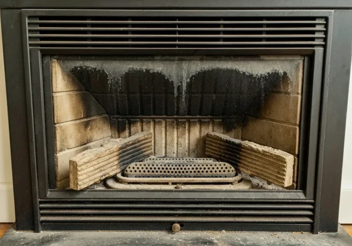 Before — gas fireplace service: A sooty, sputtering gas fireplace serviced back to a steady, even blue-based flame.