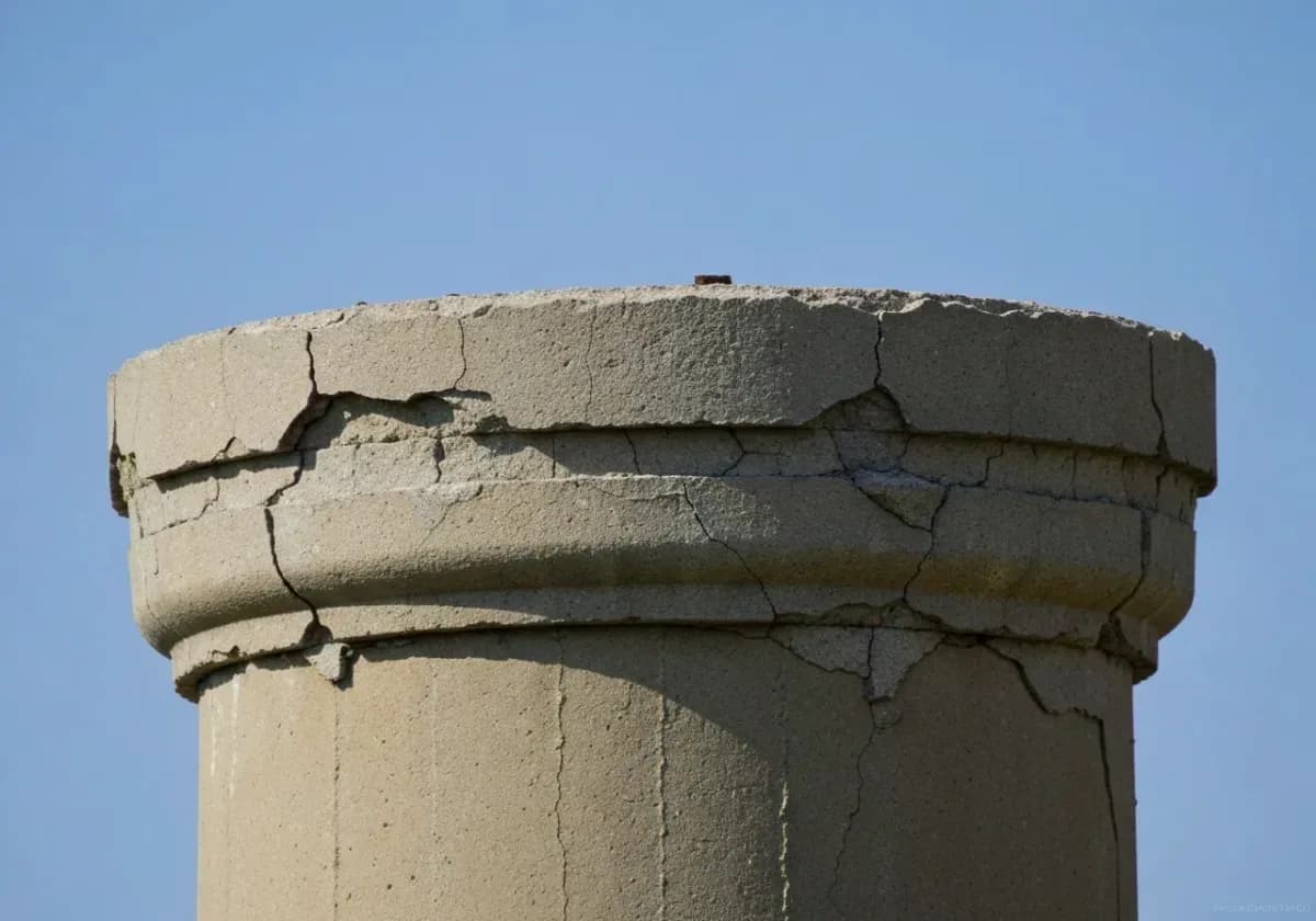 Before — masonry repair (crown / repointing): A split crown and worn joints recast and repointed so water rolls off instead of soaking in.