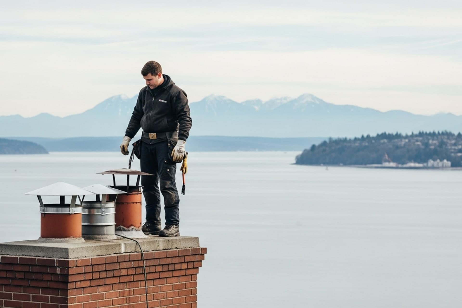 Chimney sweep technician inspecting a rooftop brick chimney on a West Seattle home