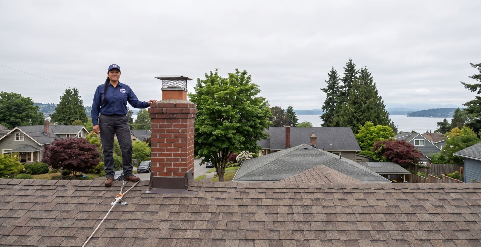 A West Seattle Chimney Pros technician beside a brick chimney on the roof of a West Seattle home