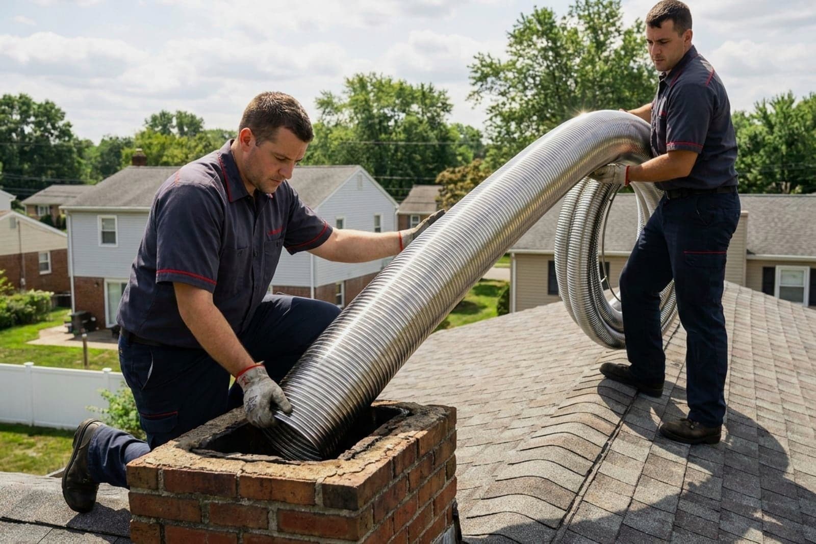 Chimney Relining in Washington — stainless steel chimney liner being installed