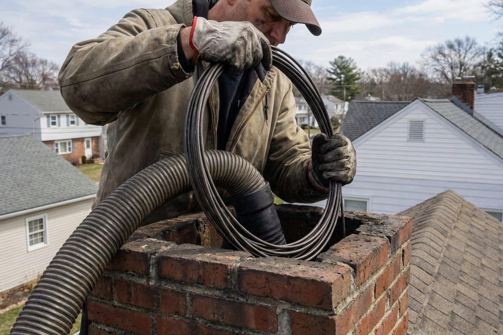 Chimney Sweep in Washington — chimney sweep cleaning a rooftop flue